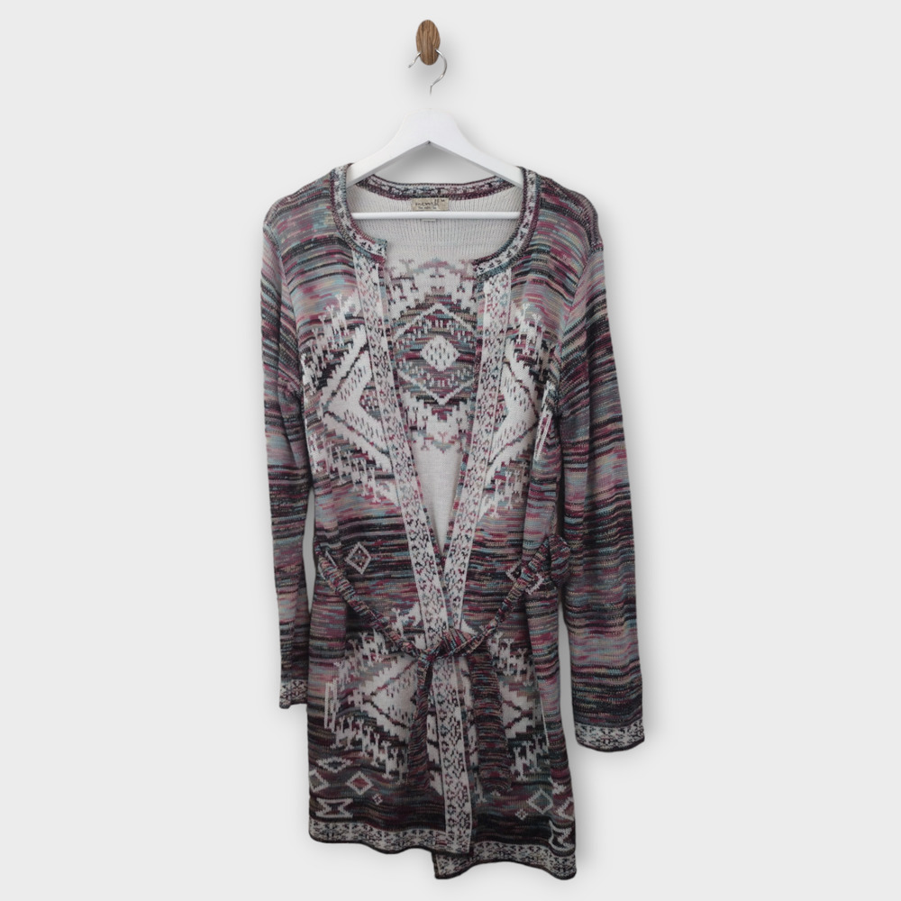 One World Cardigan Women's Medium Multicolor Boho Aztec Lightweight Midi Duster